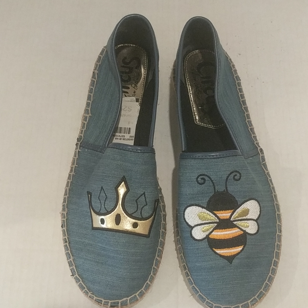 Sam Edelman Blue Espadrilles with Gold and White Embroidery